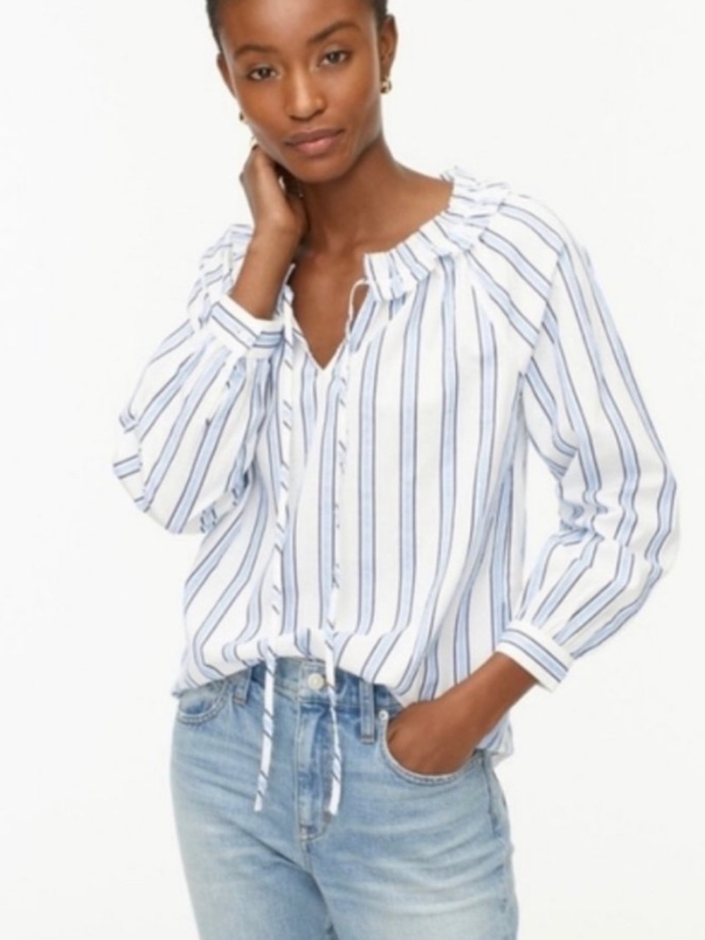 J. Crew Blue & White Striped Ruffle-Neck Tie Front Textured Blouse